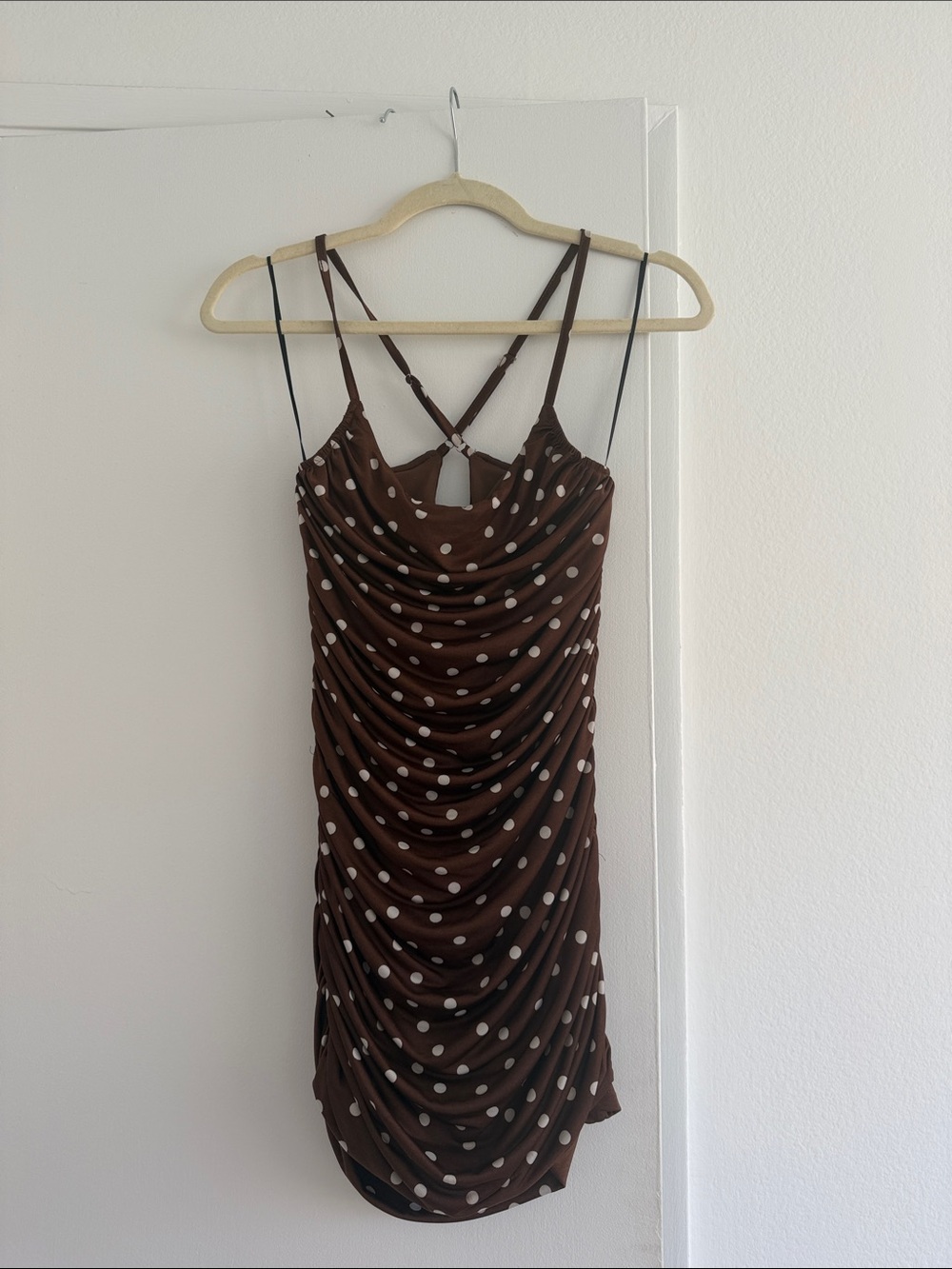 REVOLVE Brown Polka Dot Draped Mini Dress